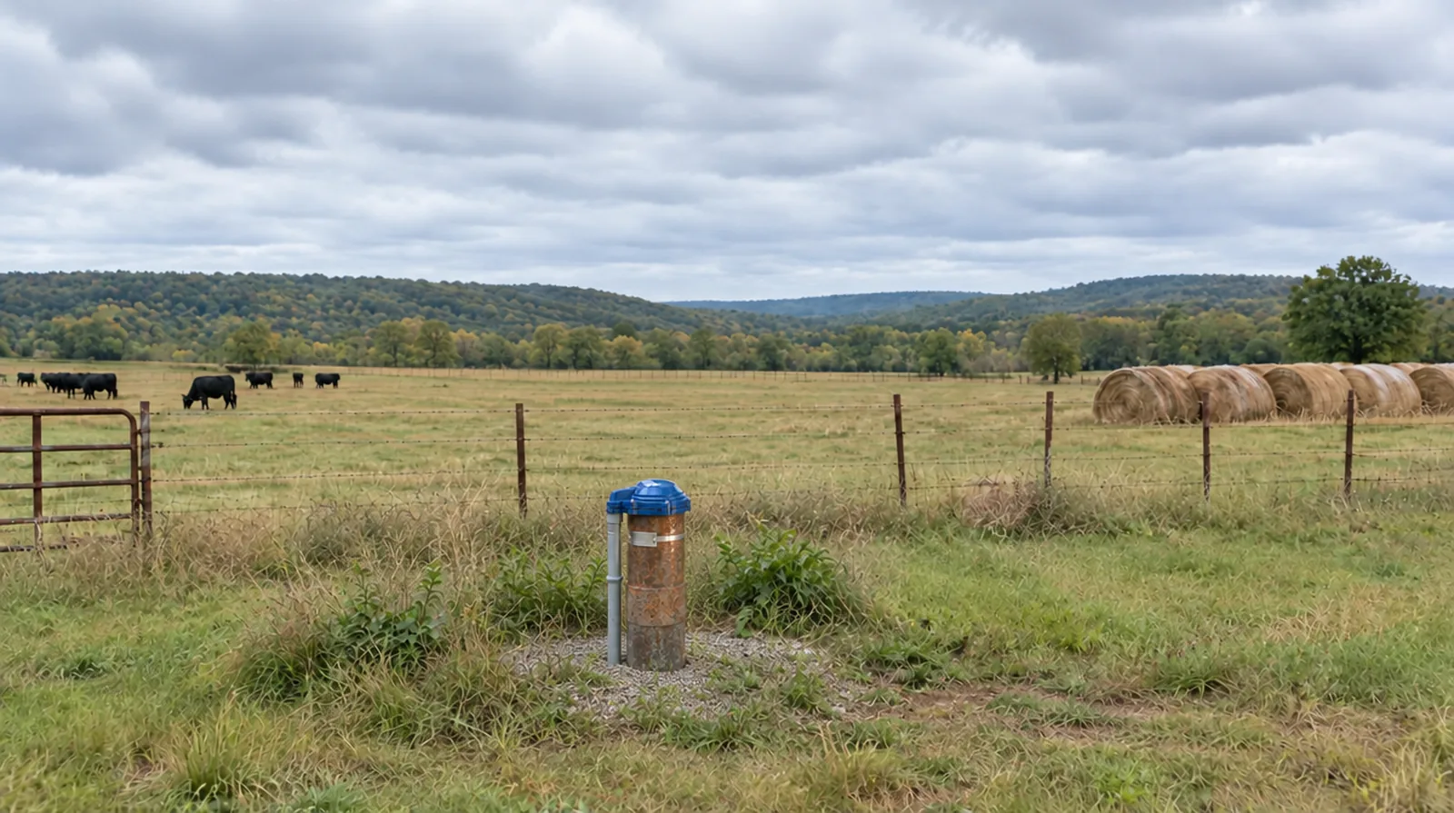 Steel well casing with a blue vented well cap and a conduit running into the ground in a cattle pasture with round hay bales and wooded hills
