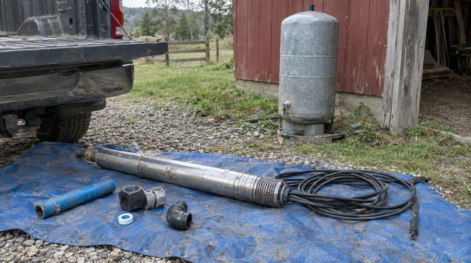 Used submersible well pump, cable and pipe fittings laid out on a tarp beside a pressure tank in a rural yard