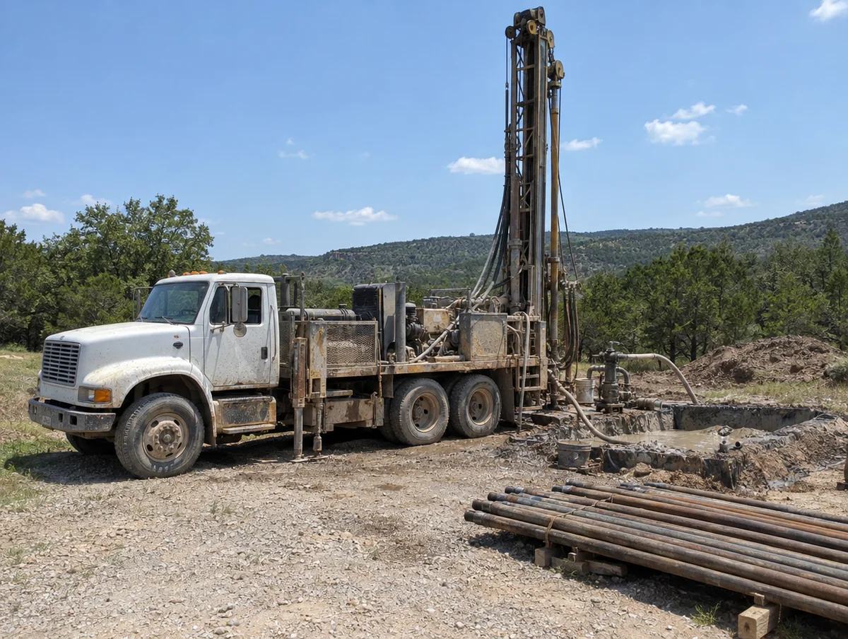 Water well drilling rig truck with the mast raised, drill pipe and a mud pit on a rural gravel pad in the Oklahoma foothills