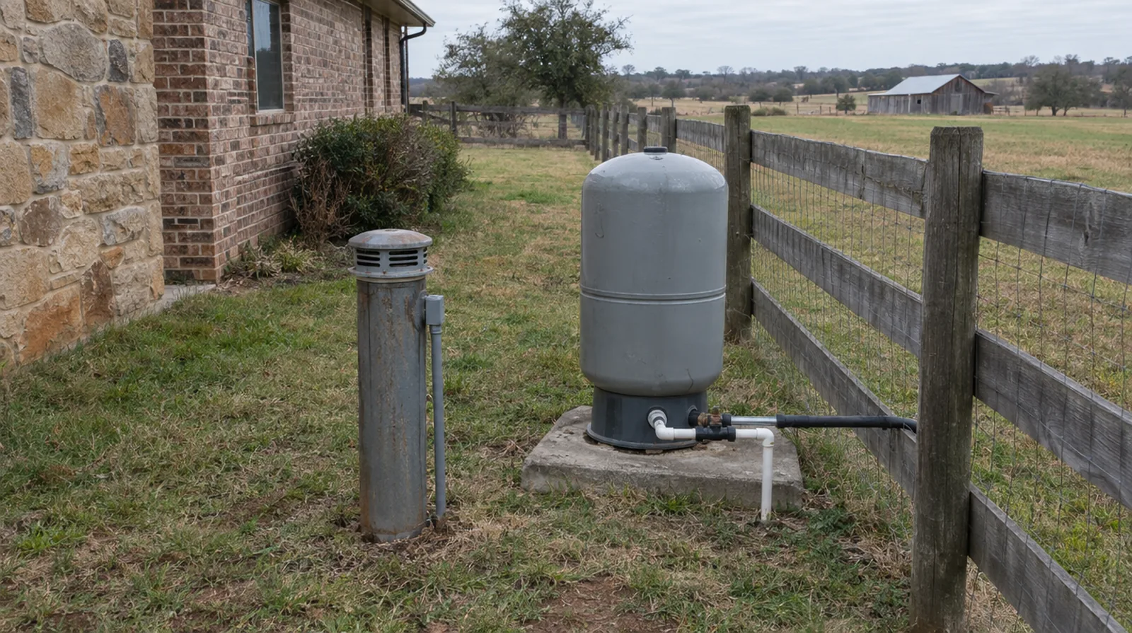Well casing with a vented cap and a gray pressure tank on a concrete pad beside a pasture fence at a rural Oklahoma home